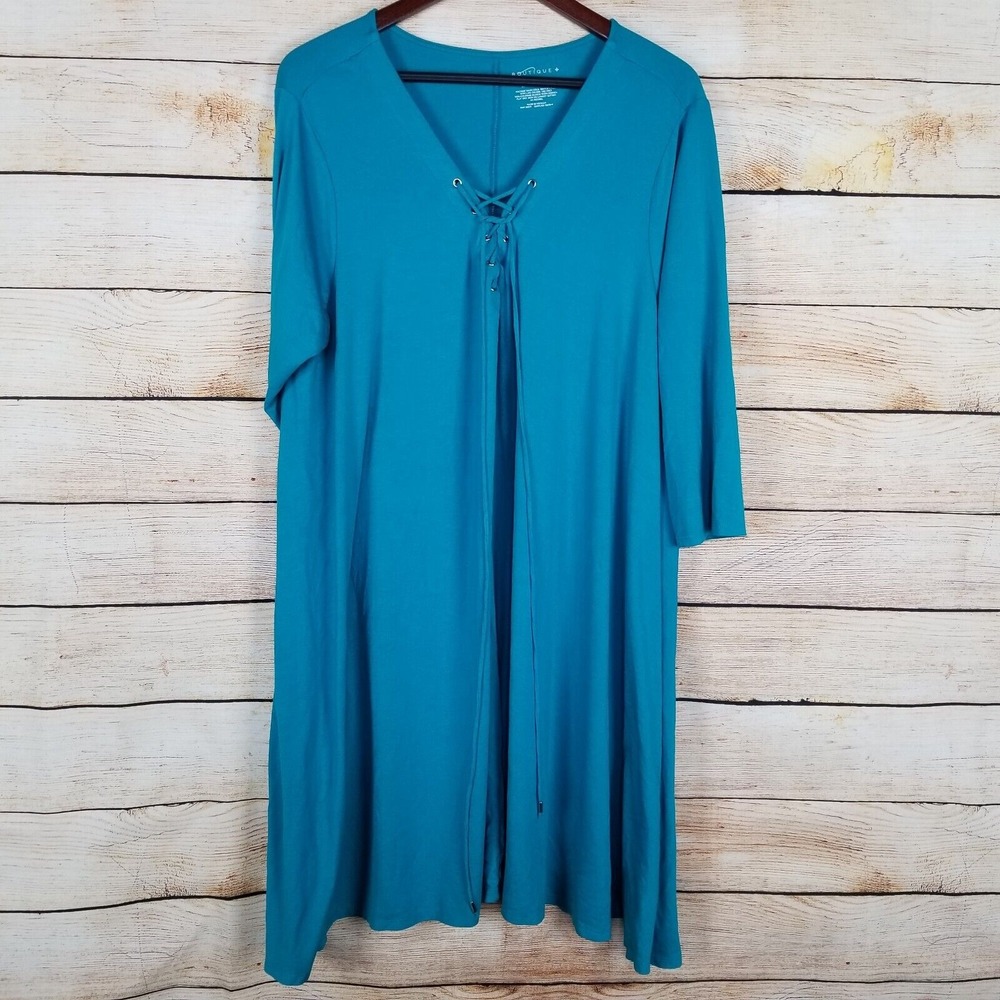 Boutique Dress Size 2X‎ Teal Stretchy Rayon Asymmetrical Hem Tie Bust 3/4 Sleeve